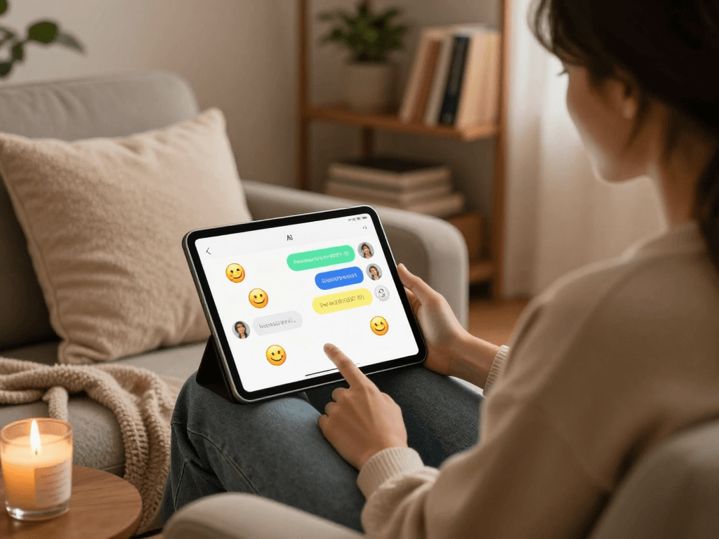 Engaging ai chat porn experience on a tablet in a cozy setting