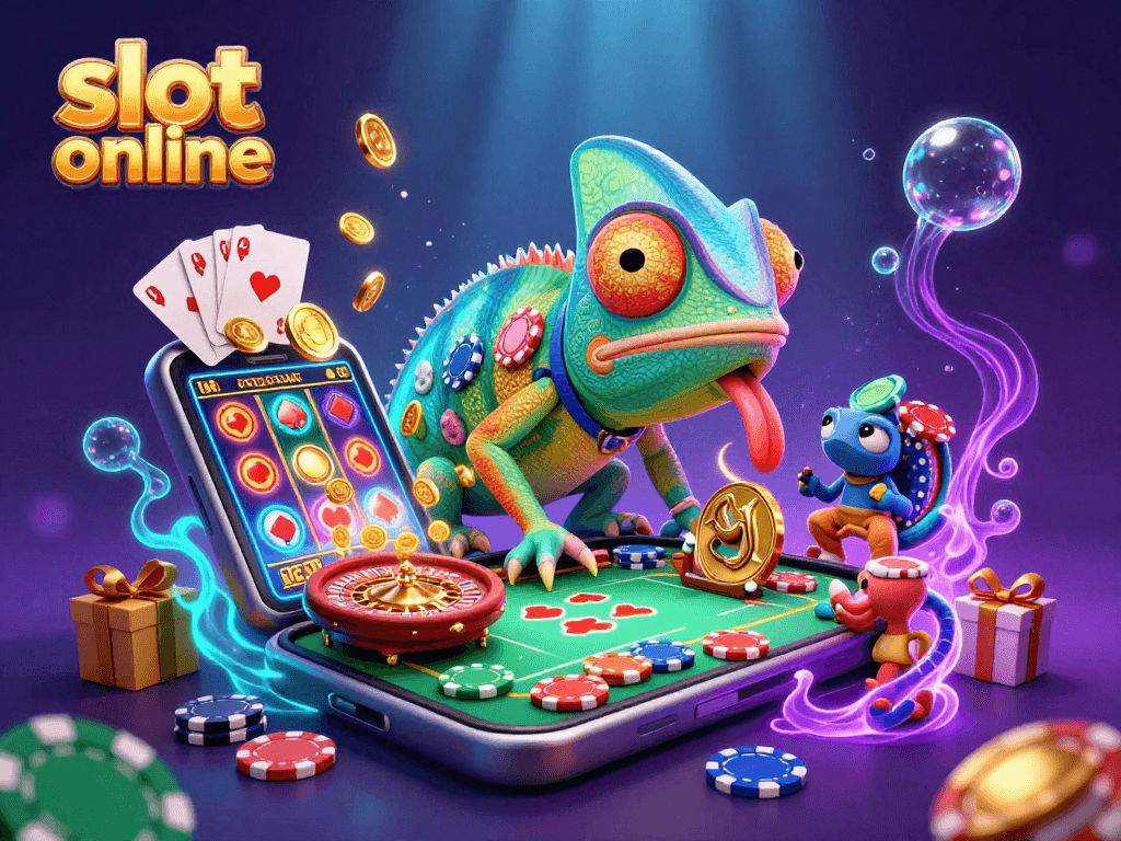Permainan slot online dengan chameleon kasir di kasino, smartphone dengan permainan berputar dan koin emas.