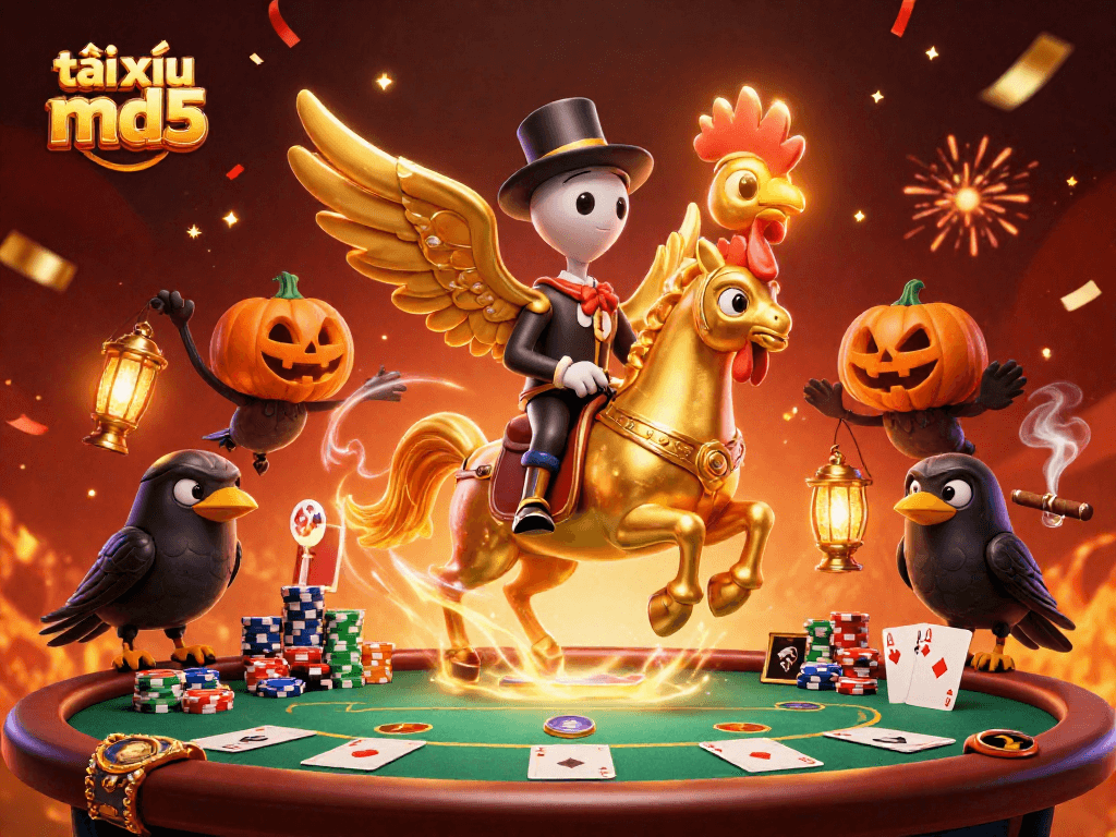 Engage with tài xỉu md5 while witnessing an enchanting midnight casino scene filled with card games and vibrant characters.