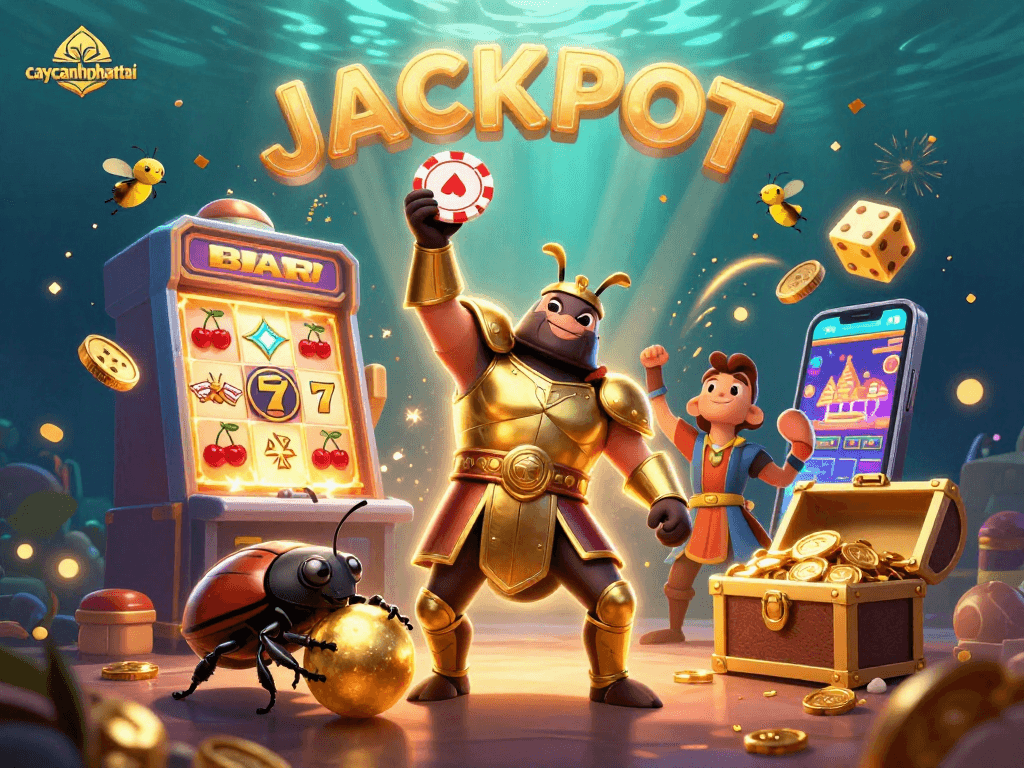 Experience the thrill of caycanhphattai as 3D characters celebrate jackpot winnings amidst dazzling casino elements.