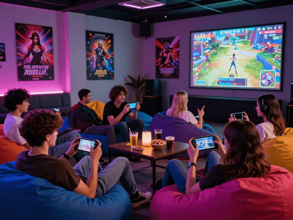 Gamers enjoying vibrant sexgames in a lively adult gaming lounge.