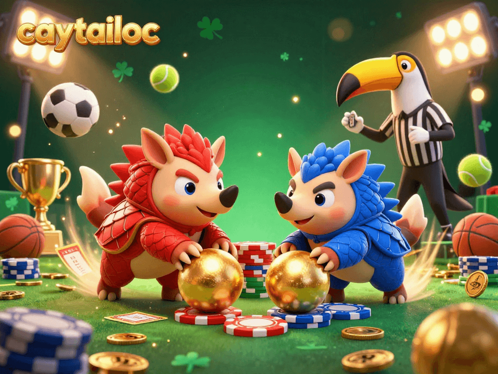 Caytailoc depicts rival pangolins competing in a dynamic gambling scene filled with excitement and casino elements.