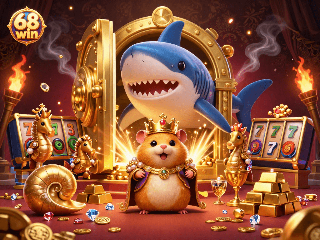Engage with the thrilling world of 68 win as the golden hamster king reigns in a vibrant casino scene filled with treasures.