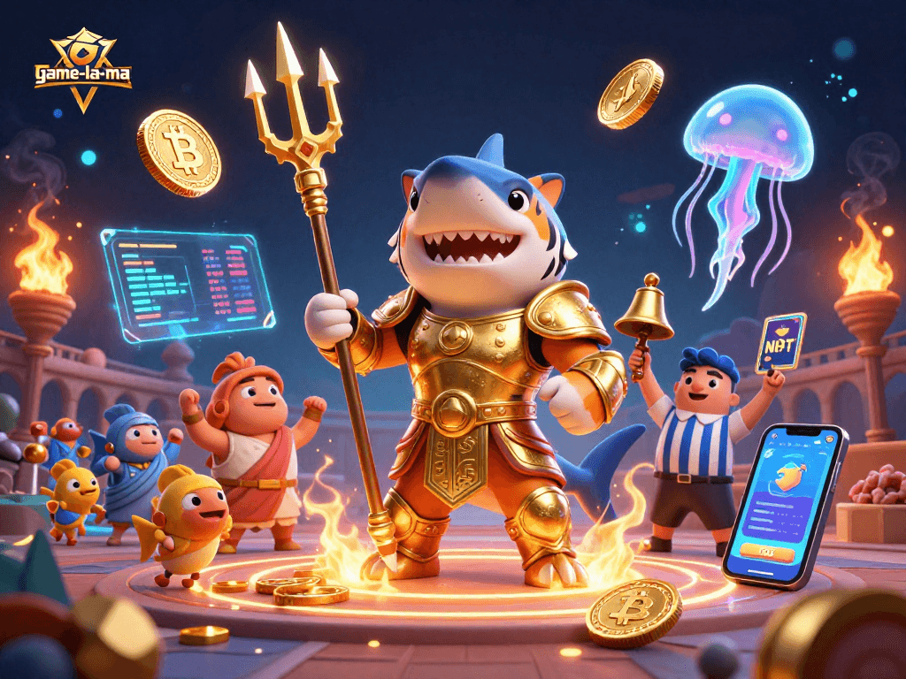 Engage with game-la-ma's thrilling underwater casino adventure featuring a shark in gladiator armor.