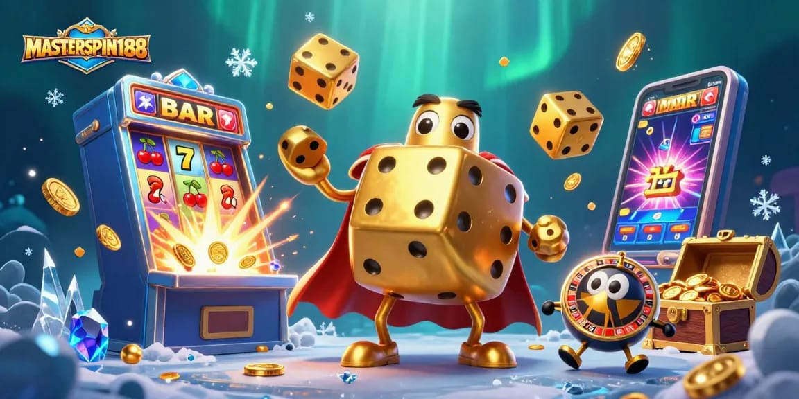 Engage with MASTERSPIN188 through a vibrant 3D casino illustration featuring playful dice and slot machine excitement.