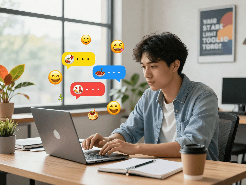 Engaging spicy chat interaction with a vibrant AI interface and user in a modern workspace.