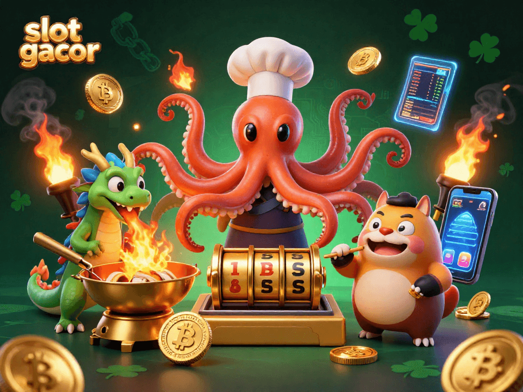 Experience the excitement of slot gacor with vibrant characters and golden slot reels in this dynamic illustration.