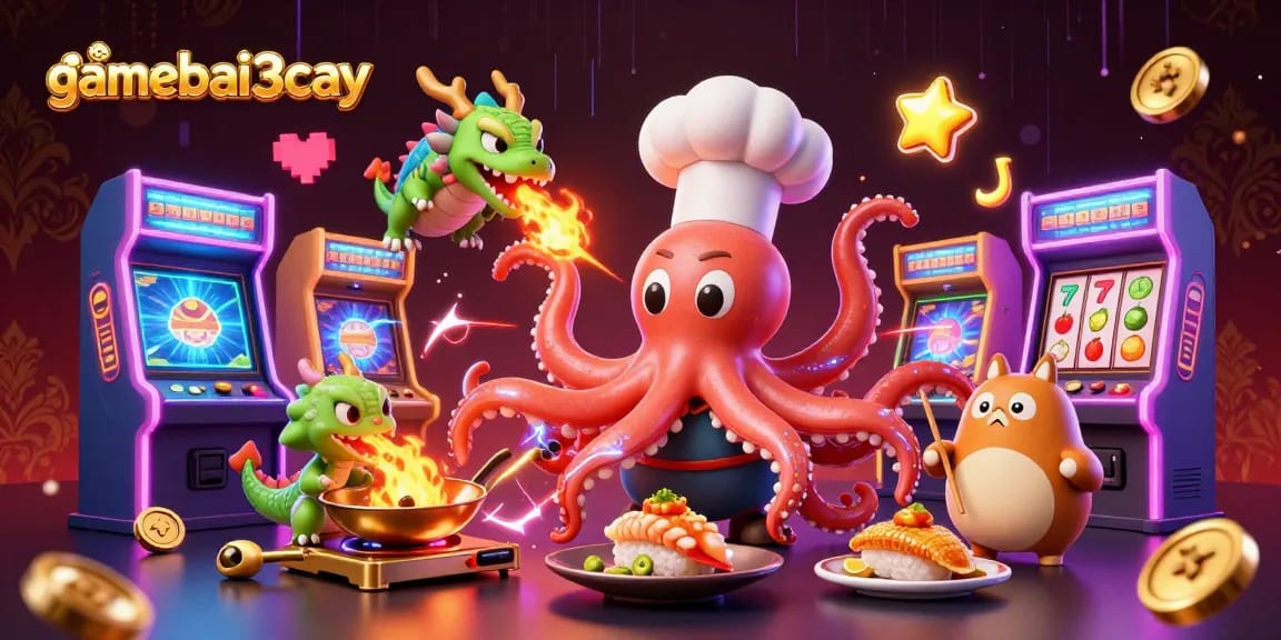 Experience gamebai3cay's vibrant casino world with a sushi chef octopus, dragon, and tanuki!