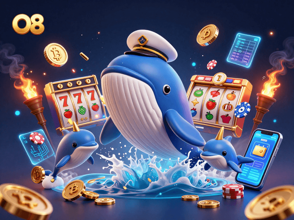 Playful dolphins and a gigantic whale embodying the spirit of O8 in a vibrant casino-themed 3D illustration.
