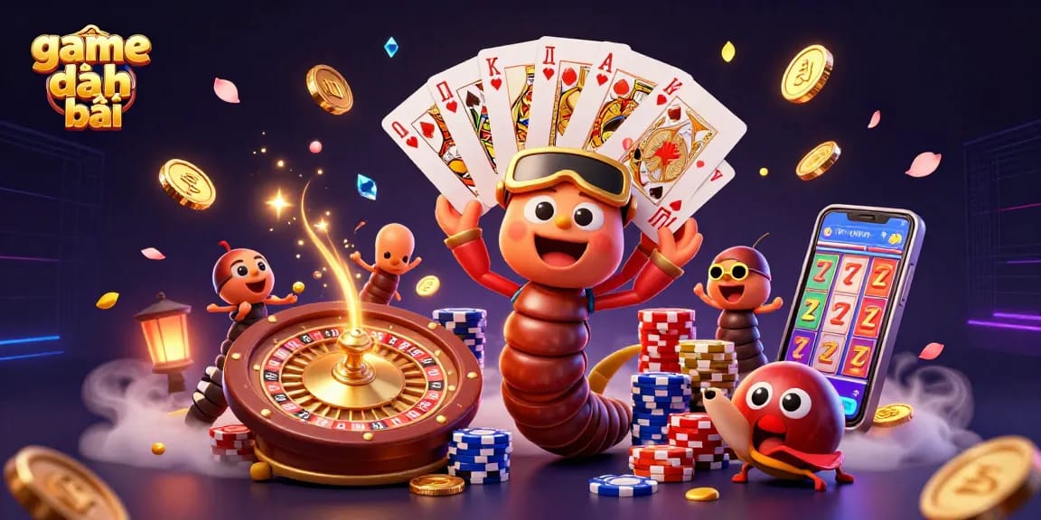 Engage in game đánh bài as a lively millipede dealer showcases cards amid vibrant casino elements.