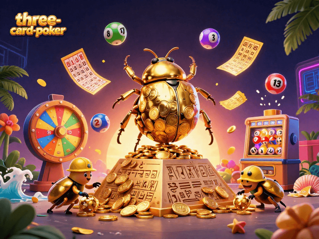 Engage in three-card-poker with vibrant visuals of golden coins and lively gameplay elements.