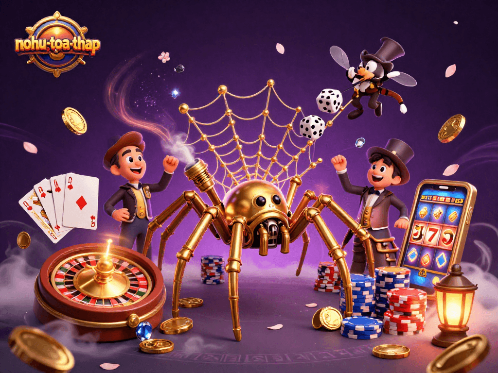 Nohu-toa-thap showcases a vibrant casino scene filled with golden coins and dynamic game elements.
