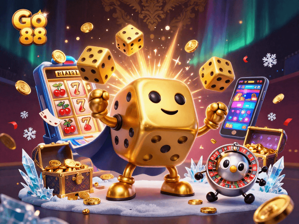 Experience excitement with Go 88's vibrant 3D casino scene showcasing golden dice and slot machine action.