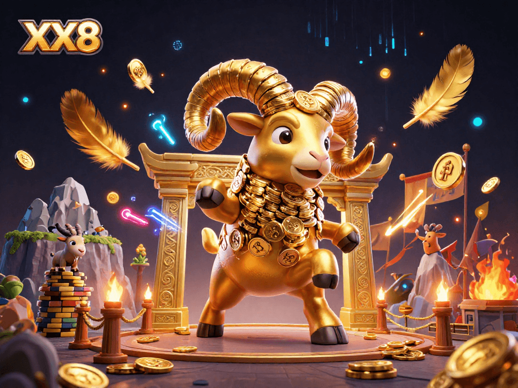 Experience the thrilling charge of XX8 at the casino with our dynamic golden ram surrounded by vibrant gaming elements.