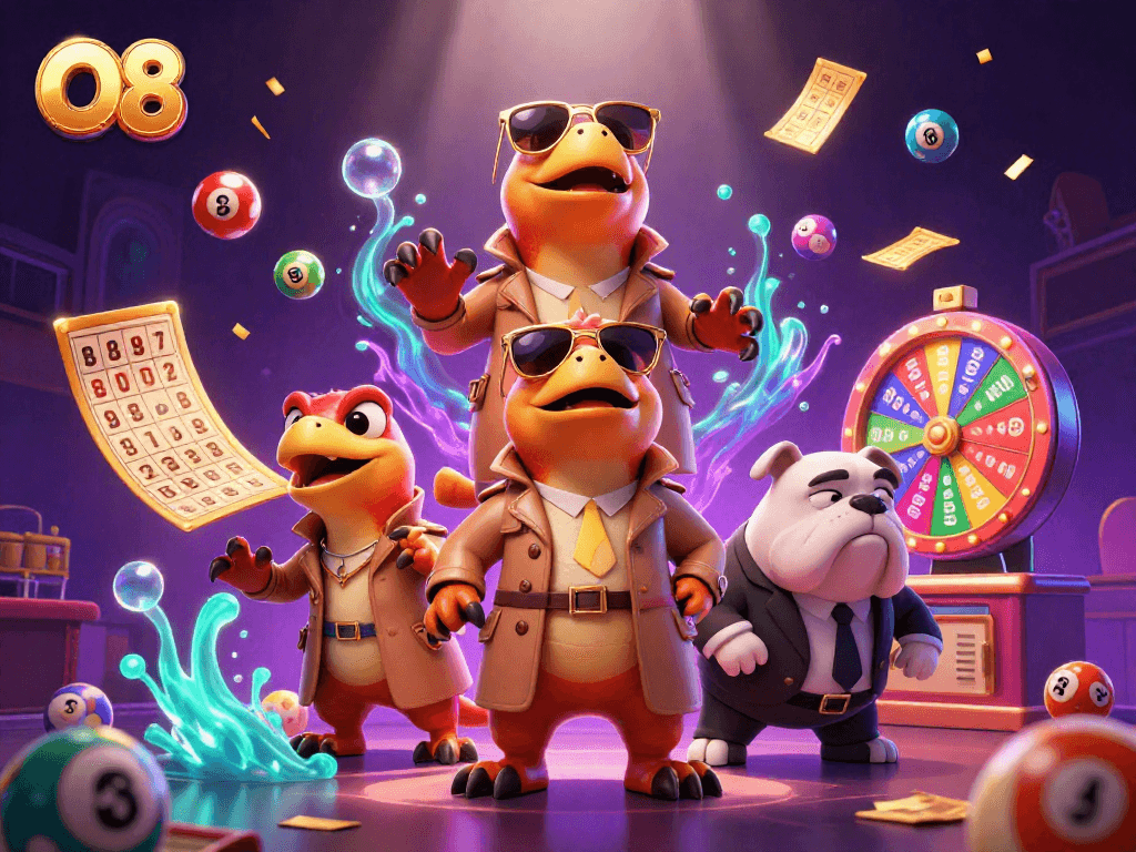 Experience O8's vibrant gaming excitement with colorful lottery elements and playful raptors in a casino scene.