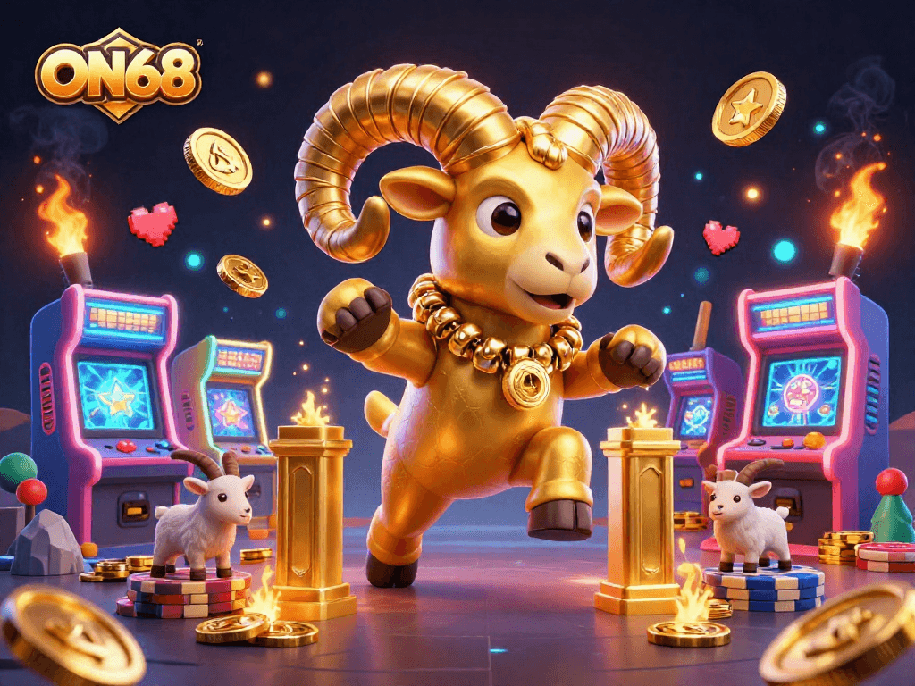 Experience the excitement of ON68 with a dynamic 3D illustration featuring a charging golden ram at a casino.