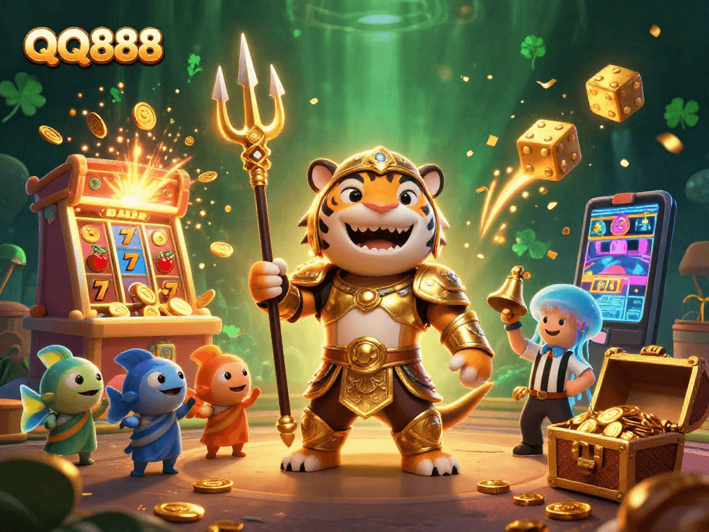 Engage with QQ888's vibrant 3D illustration showcasing thrilling casino adventures with dynamic elements.