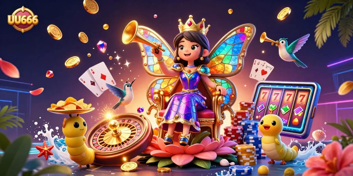 Engage in thrilling gaming experiences at UU666 with vibrant colorful casino elements and characters.