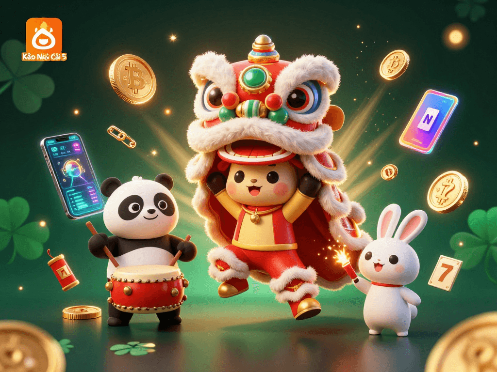 Kèo Nhà Cái 5 showcases a lively 3D illustration with a lion dance, a drumming panda, and vibrant casino elements.
