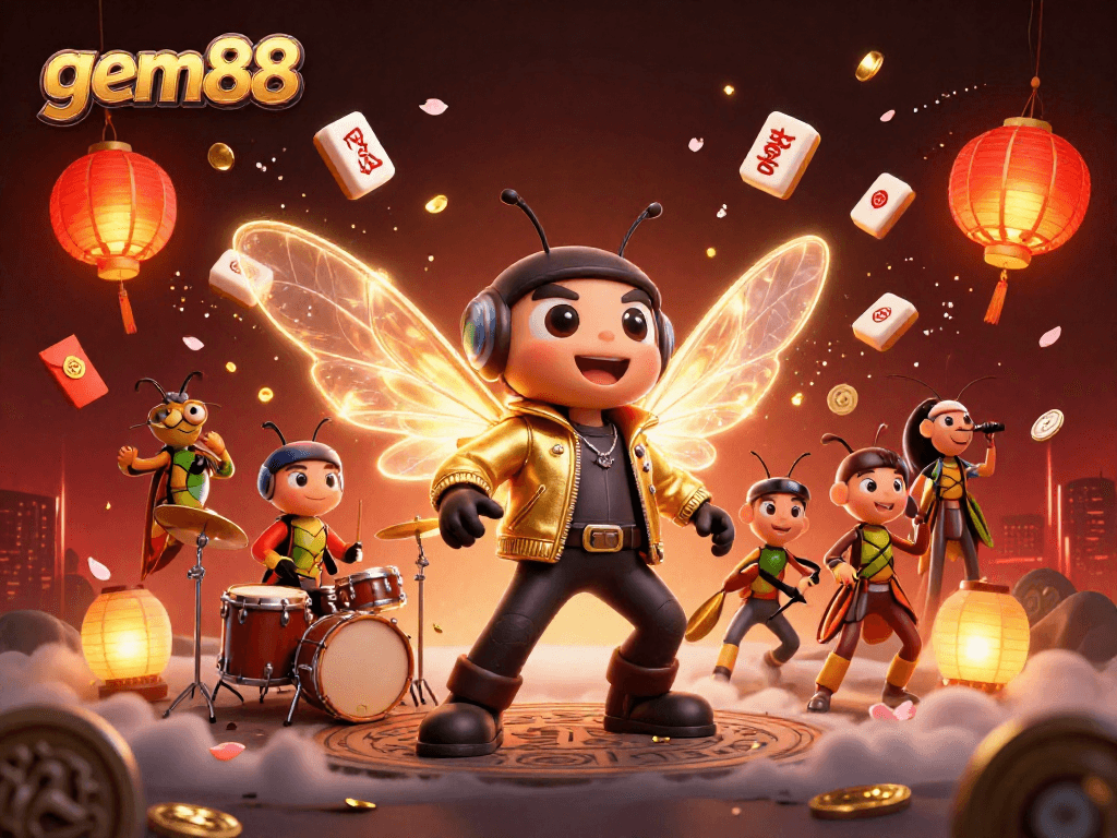 Engage with the vibrant gem88 casino scene featuring a cicada rock star, beetle drummer, and festive elements.