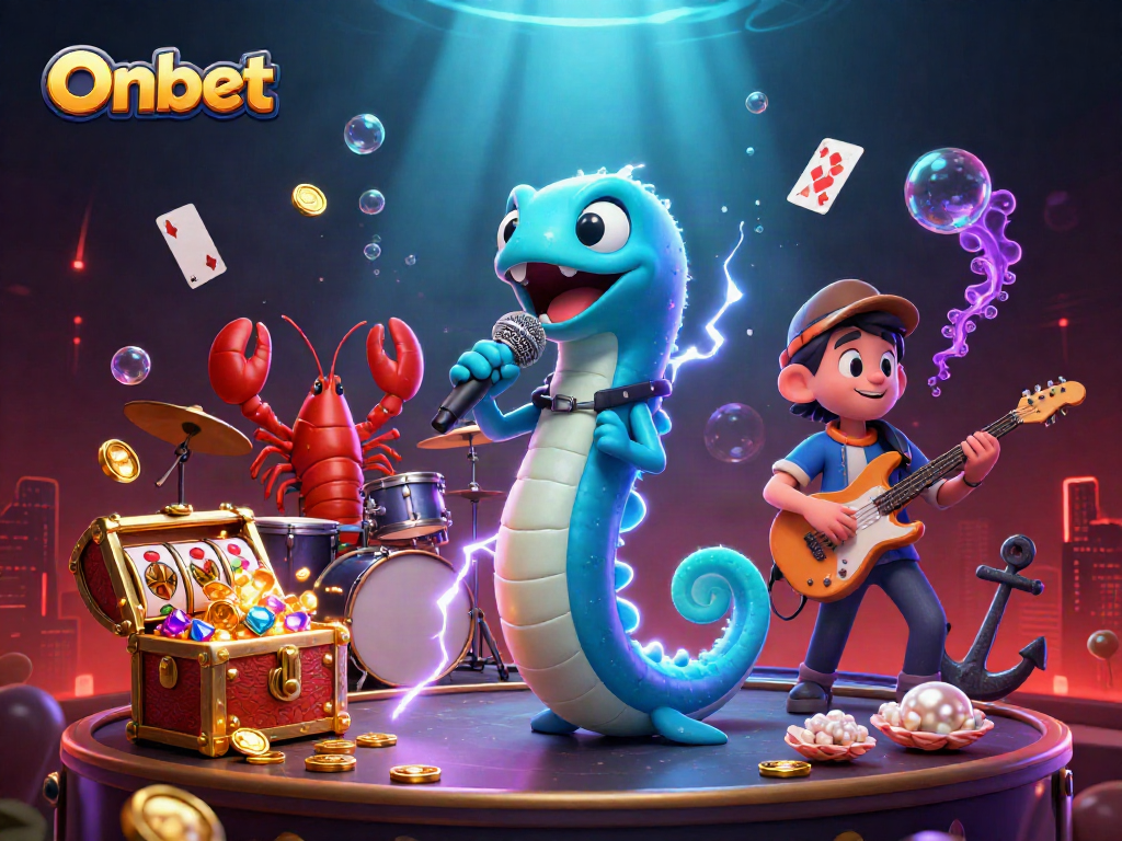Onbet brings excitement to underwater slots with a DJ eel and vibrant casino scene.