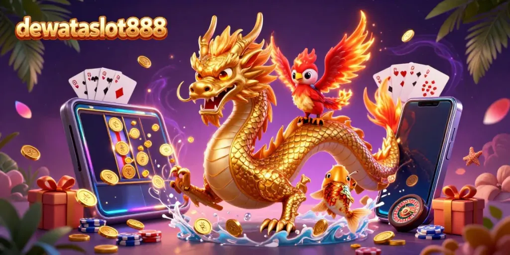 Permainan seru di dewataslot888 dengan naga emas, phoenix merah, dan ikan koi beruntung melempar koin.