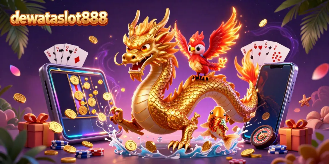 Permainan seru di dewataslot888 dengan naga emas, phoenix merah, dan ikan koi beruntung melempar koin.