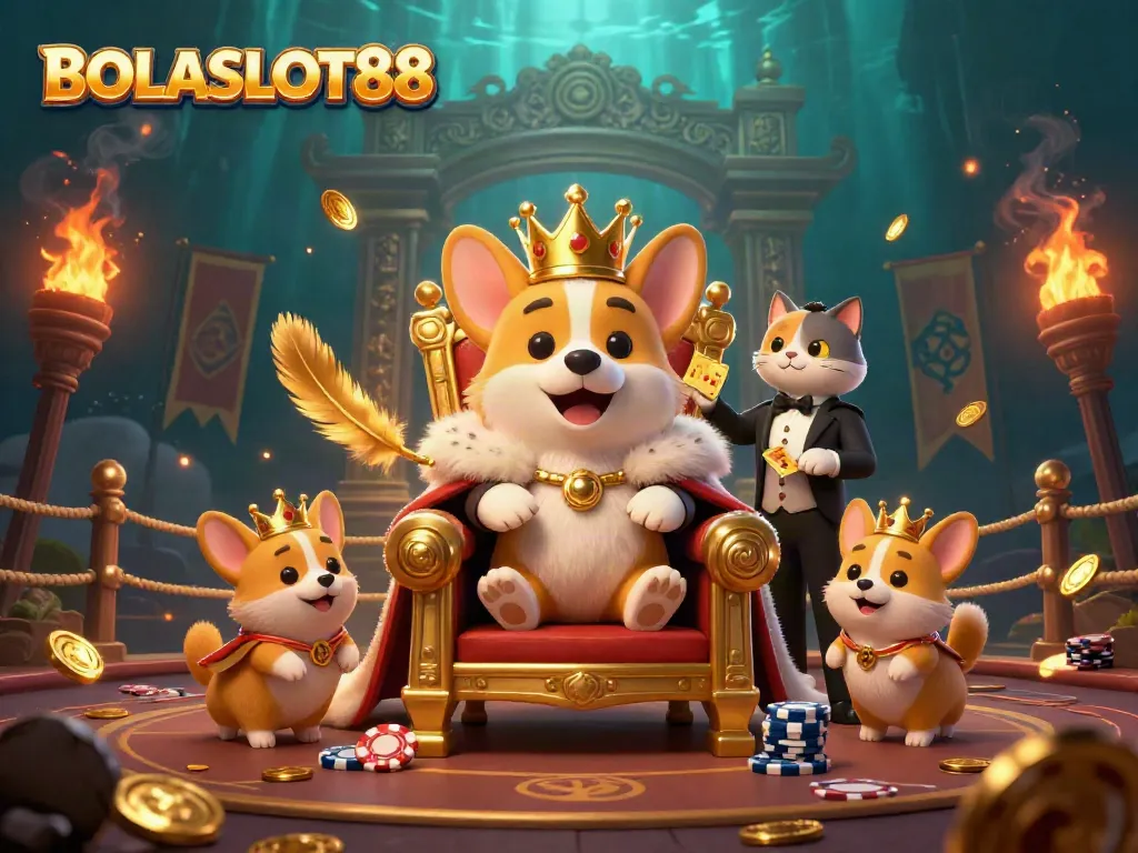 Join the excitement at BOLASLOT88 with playful corgis and a captivating casino scene filled with games.