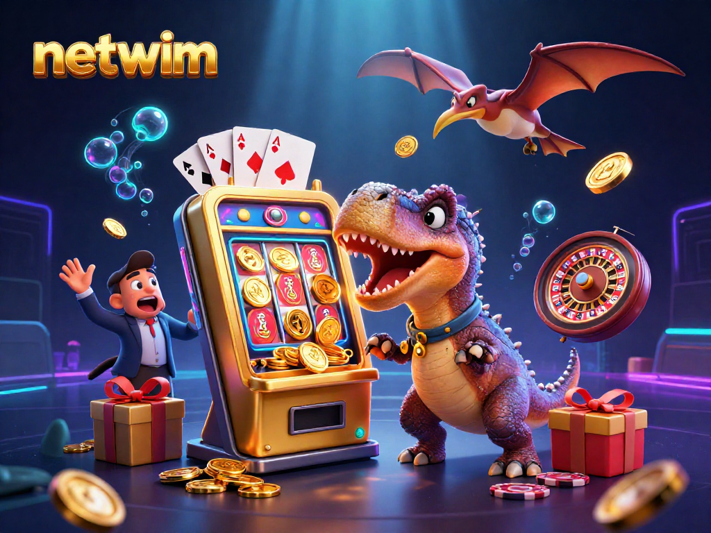 Experience netwim excitement as characters interact with a golden slot machine, amidst flying coins.