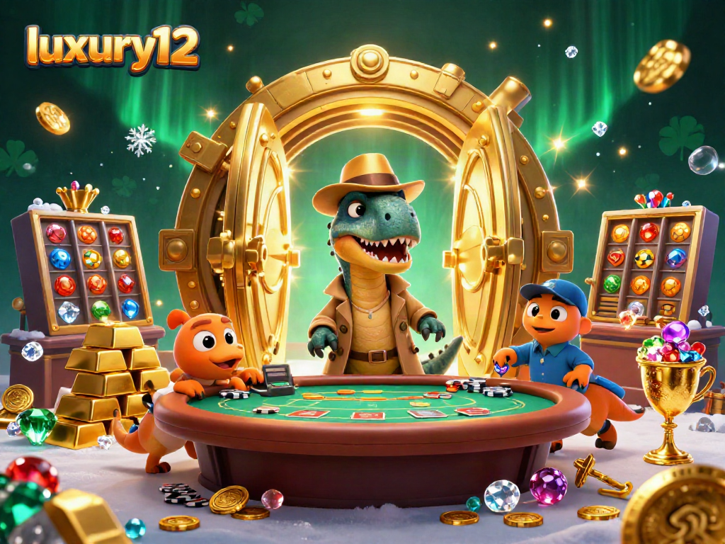 luxury12 offers an exciting blackjack scene with a cartoon velociraptor card counter and vibrant casino elements.