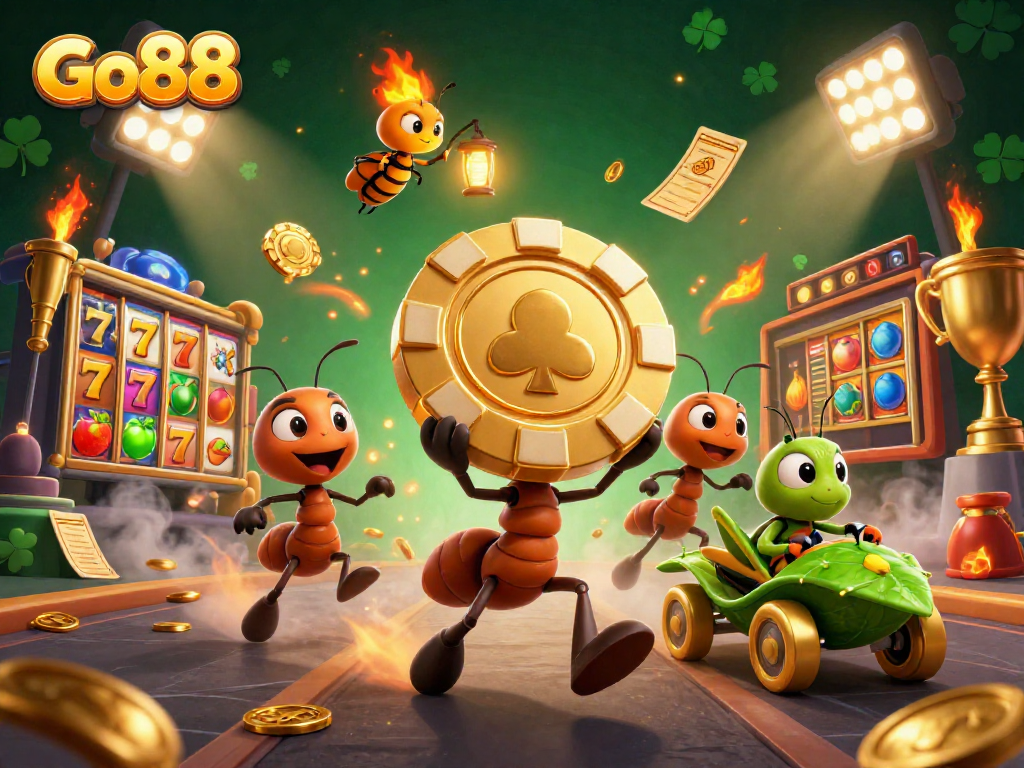 Go88 features a 3D cartoon heist scene with ants and vibrant casino elements illustrating excitement.
