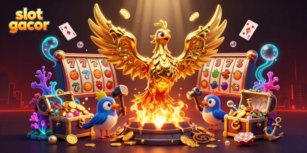 Slot gacor yang menarik menampilkan phoenix emas dengan koin emas dan simbol slot di latar belakang.