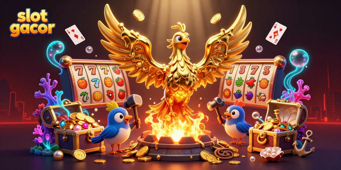 Slot gacor yang menarik menampilkan phoenix emas dengan koin emas dan simbol slot di latar belakang.