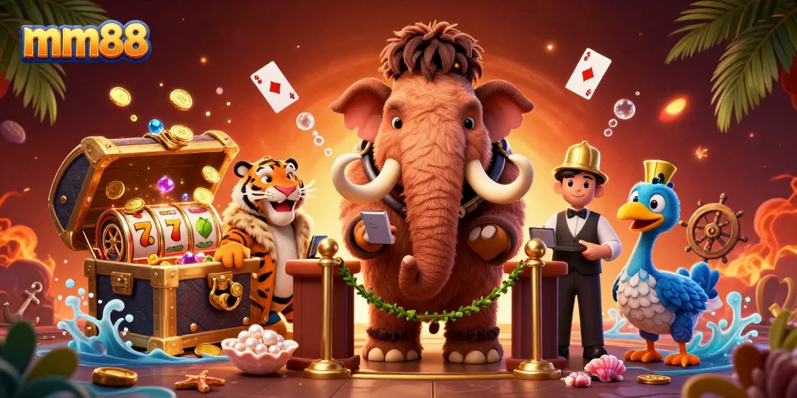 Experience the vibrant mm88 casino scene with a mammoth bouncer and VIP guest amid slot reels and treasure.