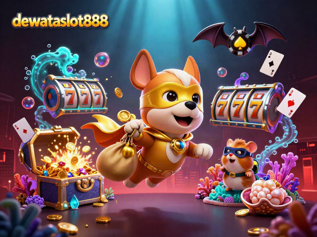 Gambarlah aksi luar biasa dek dog superhero dengan logo dewataslot888 melakukan spin mesin slot saat berkeliling.