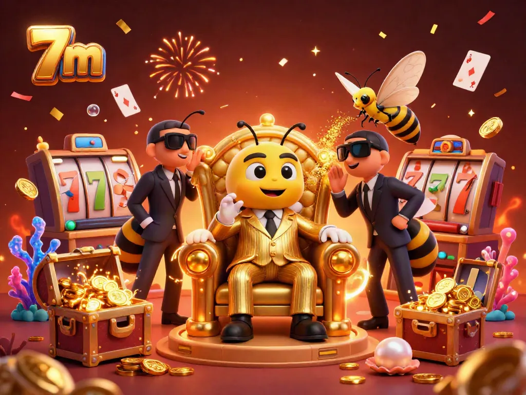 Engage with the thrilling 7m casino scene featuring a bee mob boss amid colorful slot reels and gold coins.