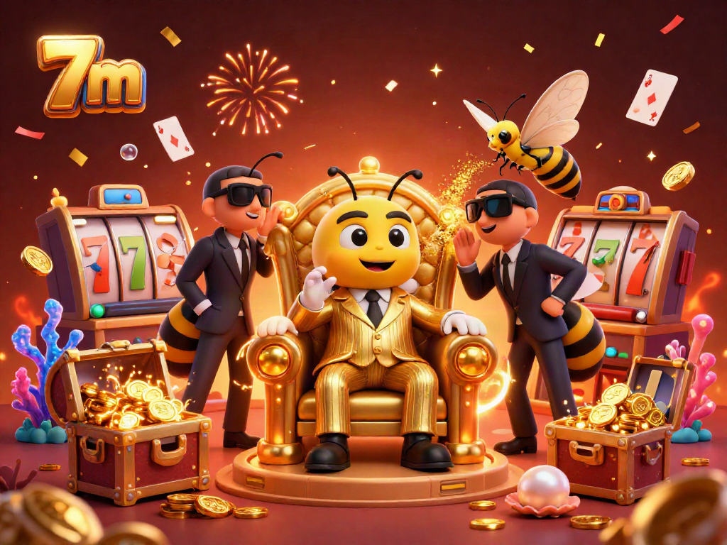 Engage with the thrilling 7m casino scene featuring a bee mob boss amid colorful slot reels and gold coins.