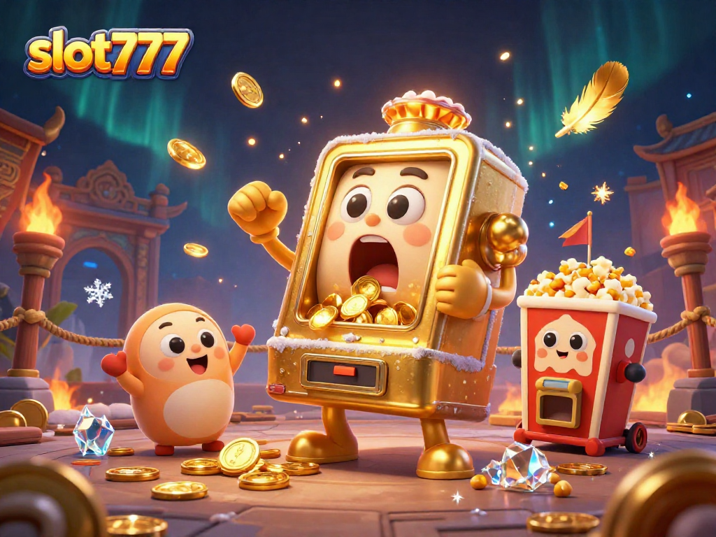 Slot777 menyajikan mesin slot emas yang terkejut saat meraih jackpot dengan koin berhamburan.