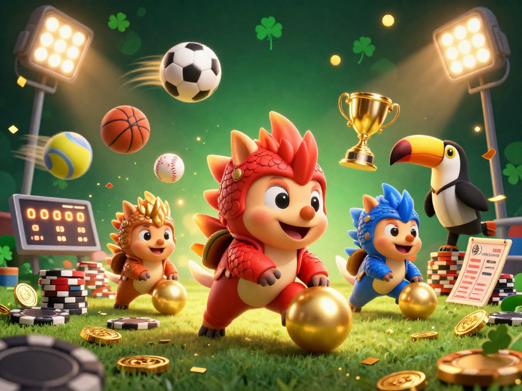 79king casino illustration of pangolins bowling through poker chips with dynamic sports elements.