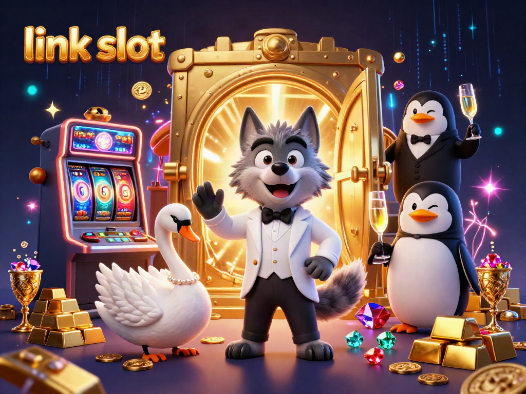 Experience the thrill of link slot gameplay in this vibrant 3D casino scene with charming characters.