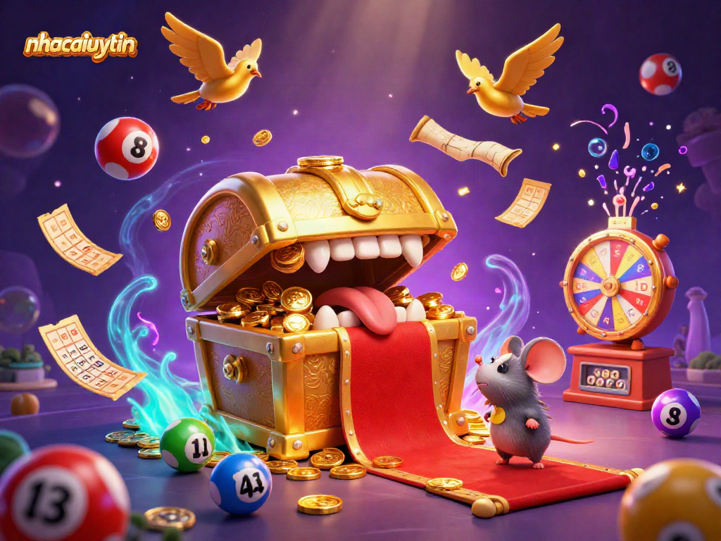 Engage with the thrilling nhacaiuytin casino experience featuring vibrant lottery elements and an enticing treasure chest.