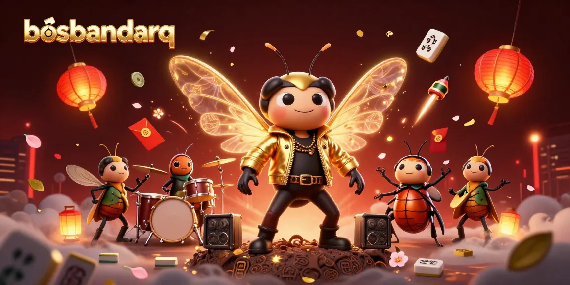 Engage with bosbandarq's vibrant online casino scene featuring a rock star cicada and dynamic game elements.