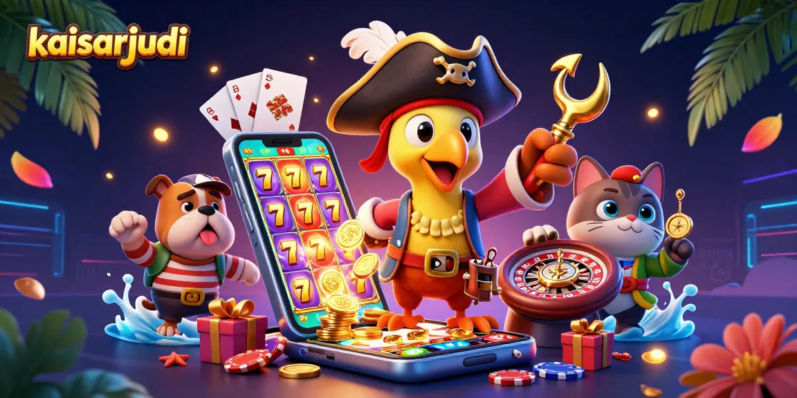 Kaisarjudi's vibrant gaming adventure highlighted with a pirate captain, bulldog, and ship's cat, amid exciting casino elements.
