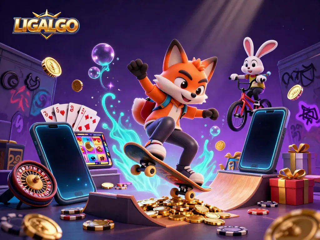 LIGALGO sports betting illustration with a skateboarder fox and BMX rabbit amidst casino symbols.