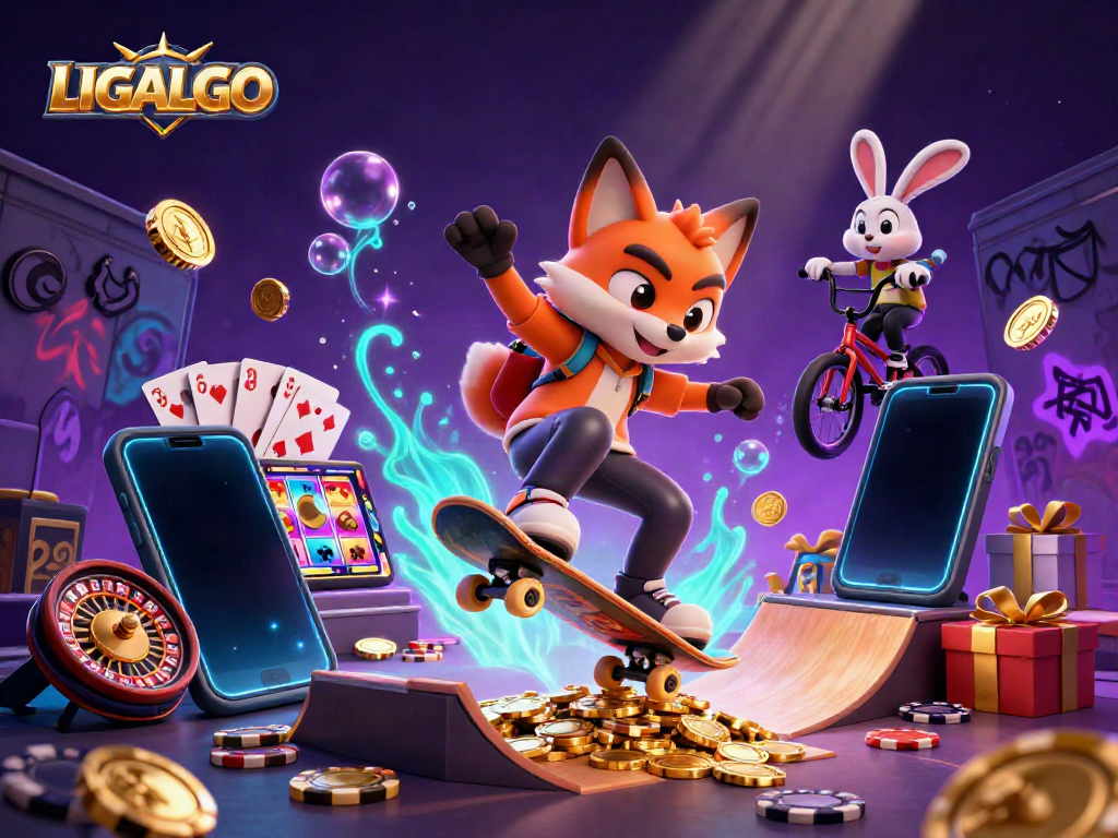 LIGALGO sports betting illustration with a skateboarder fox and BMX rabbit amidst casino symbols.