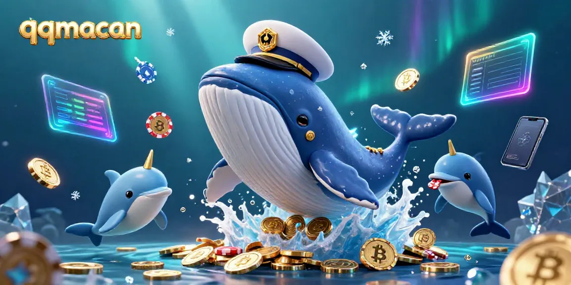 Experience the thrill of qqmacan with a vibrant scene featuring a cartoon whale, crypto coins, and playful dolphins.
