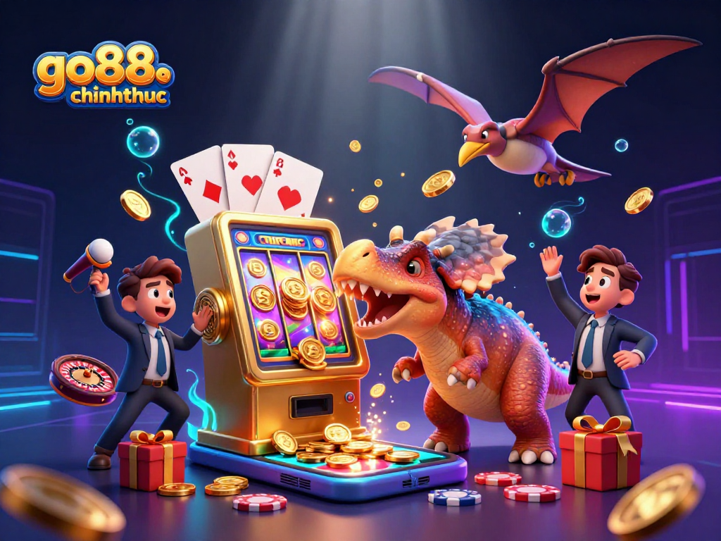 Experience the excitement of go88chinhthuc as dinosaurs interact with a golden slot machine in a vibrant casino scene.
