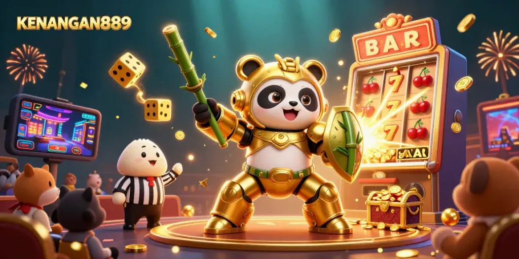 Activate KENANGAN889 with an engaging, vibrant 3D casino scene featuring bustling slot machines and dynamic gameplay.
