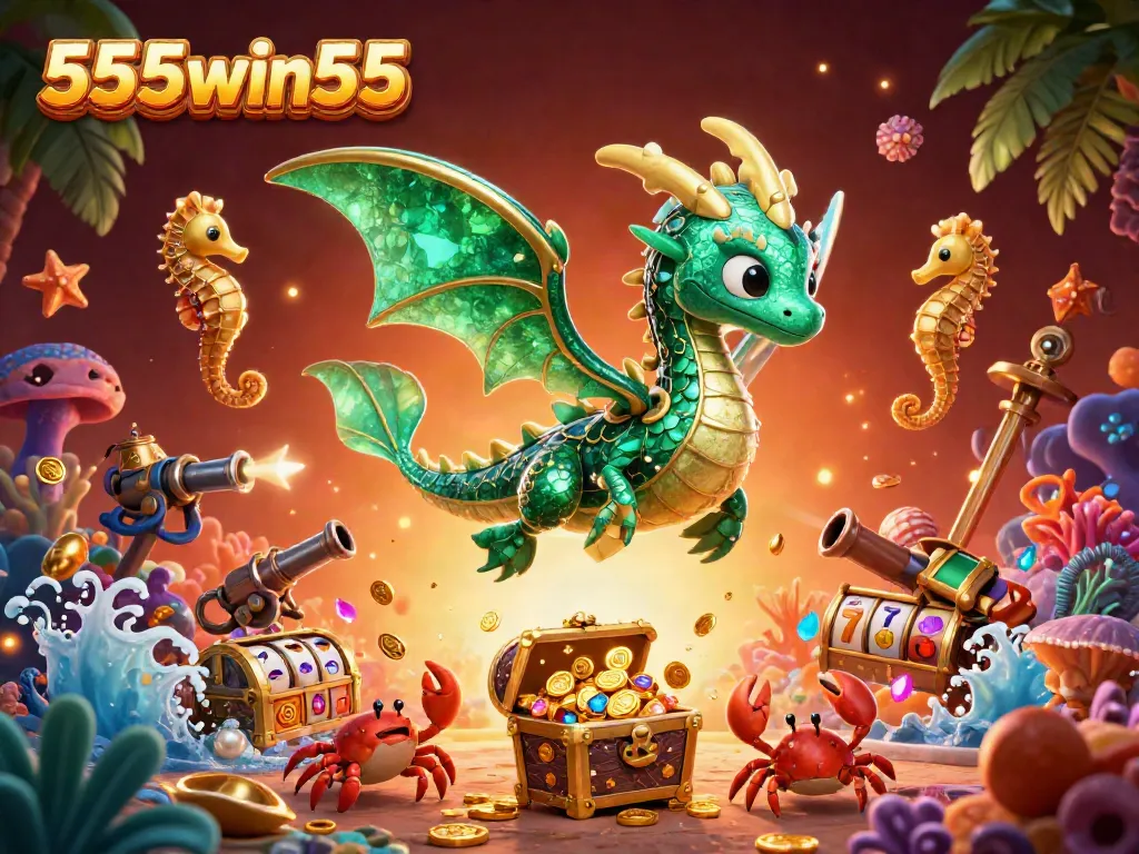 Spin and win with the 555win55 dragon guarding treasures in a vibrant underwater scene.