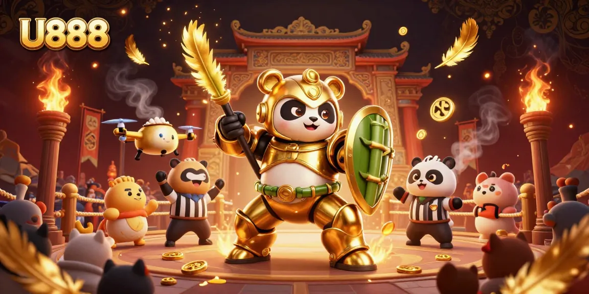 Engage with thrilling gameplay at U888 featuring a vibrant scene with a golden panda and dynamic gambling elements.